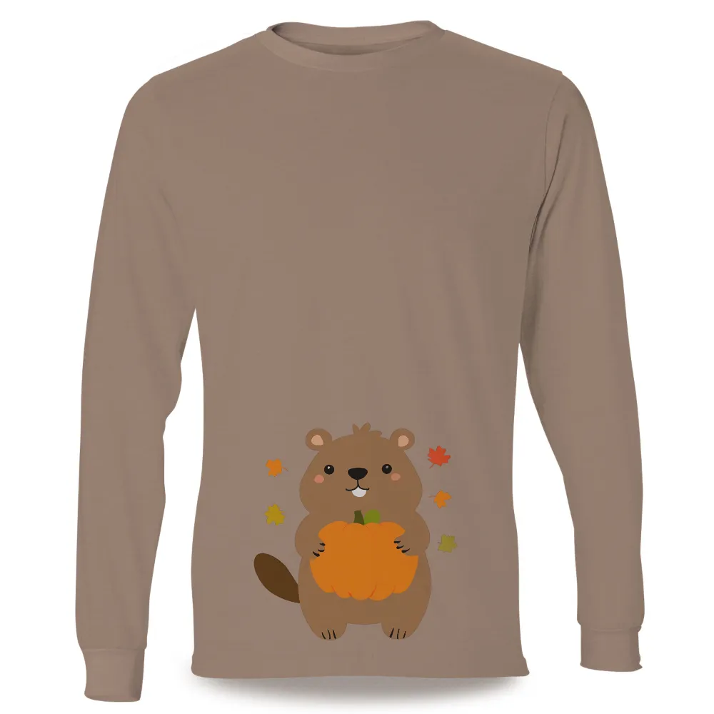 Tee Shirts Printed with Benny the Beaver Holding a Pumpkin|bleached fall tees