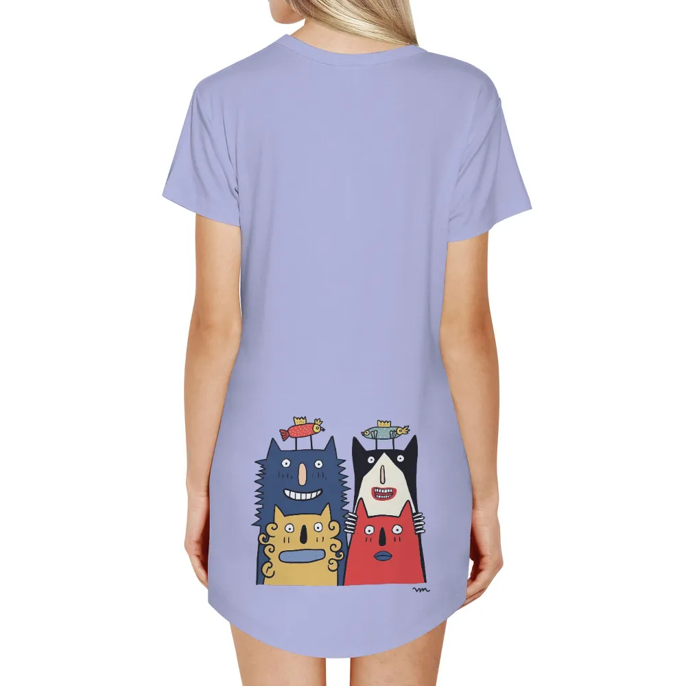 Tee Shirt Printing: Whimsical Friends with Fish Crowns| Two characters holding cats