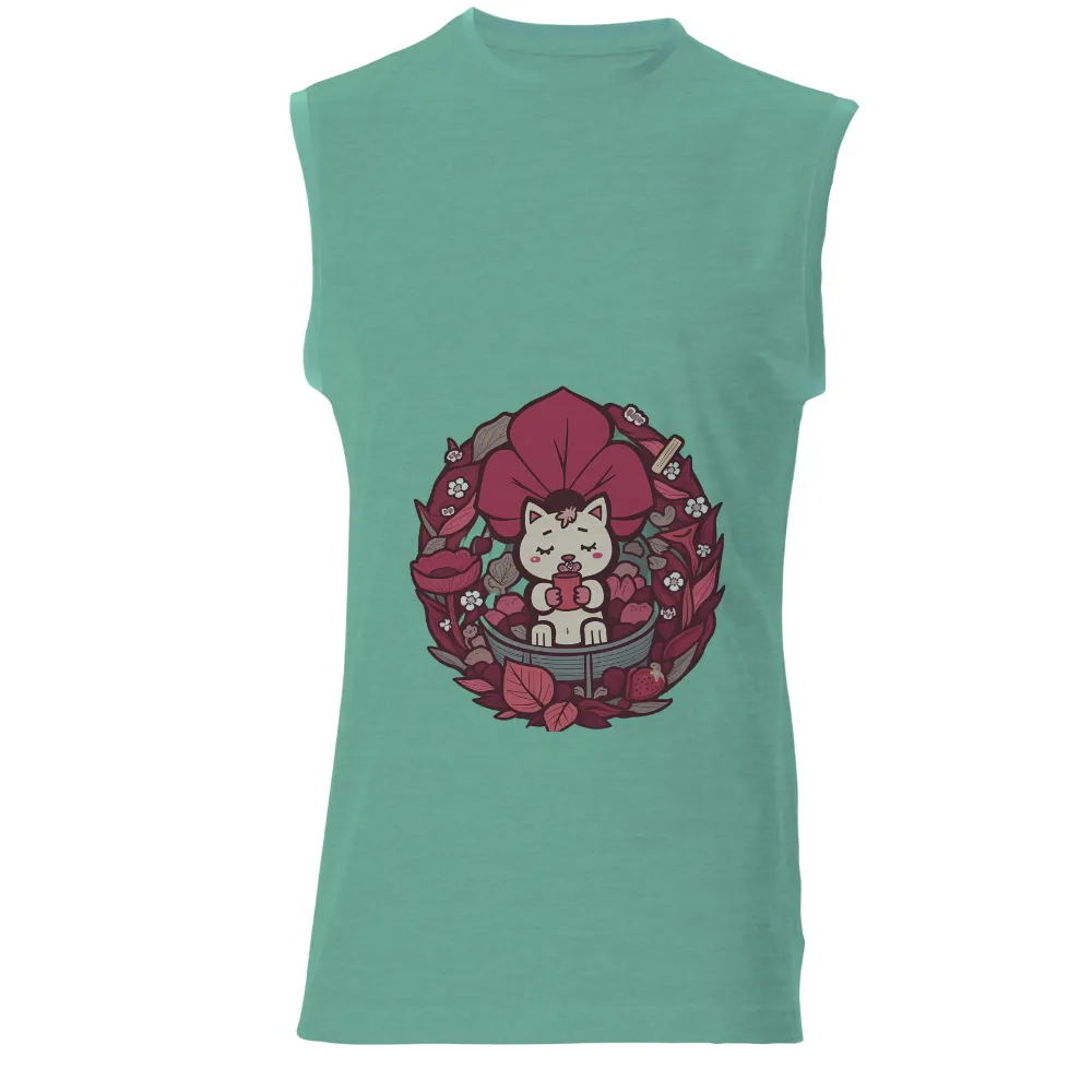 T-Shirt Printing: Whiskers' Moment of Bliss | Life Theme| red flowers surrounding Whiskers