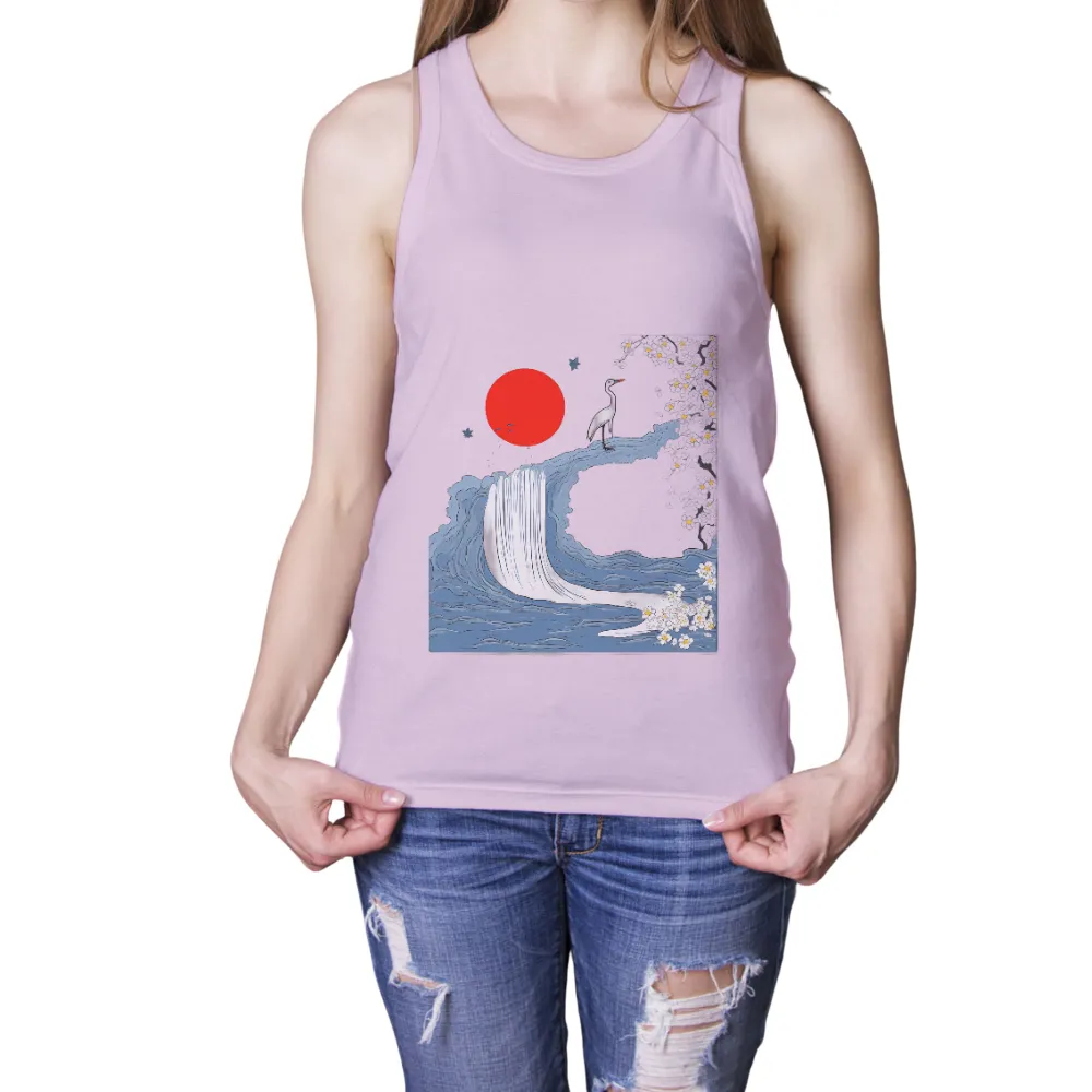 Tee Shirt Printing: Crane on Wave Under Red Moon|pirate hawaiian shirt night