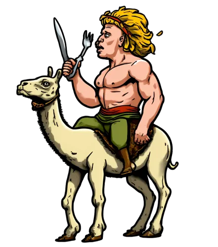 Customized Apparel: Muscular Man on Llama with Knife and Fork - Unique, Humorous Design