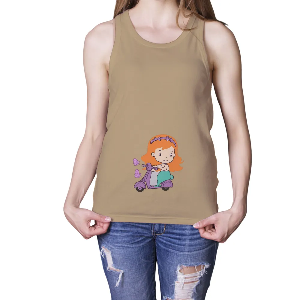 Tee Shirt Printing: Whimsical Girl on Scooter with Butterflies| Girl with butterflies