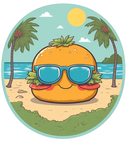 TShirt Design: Sunny Burger with Sunglasses on the Beach