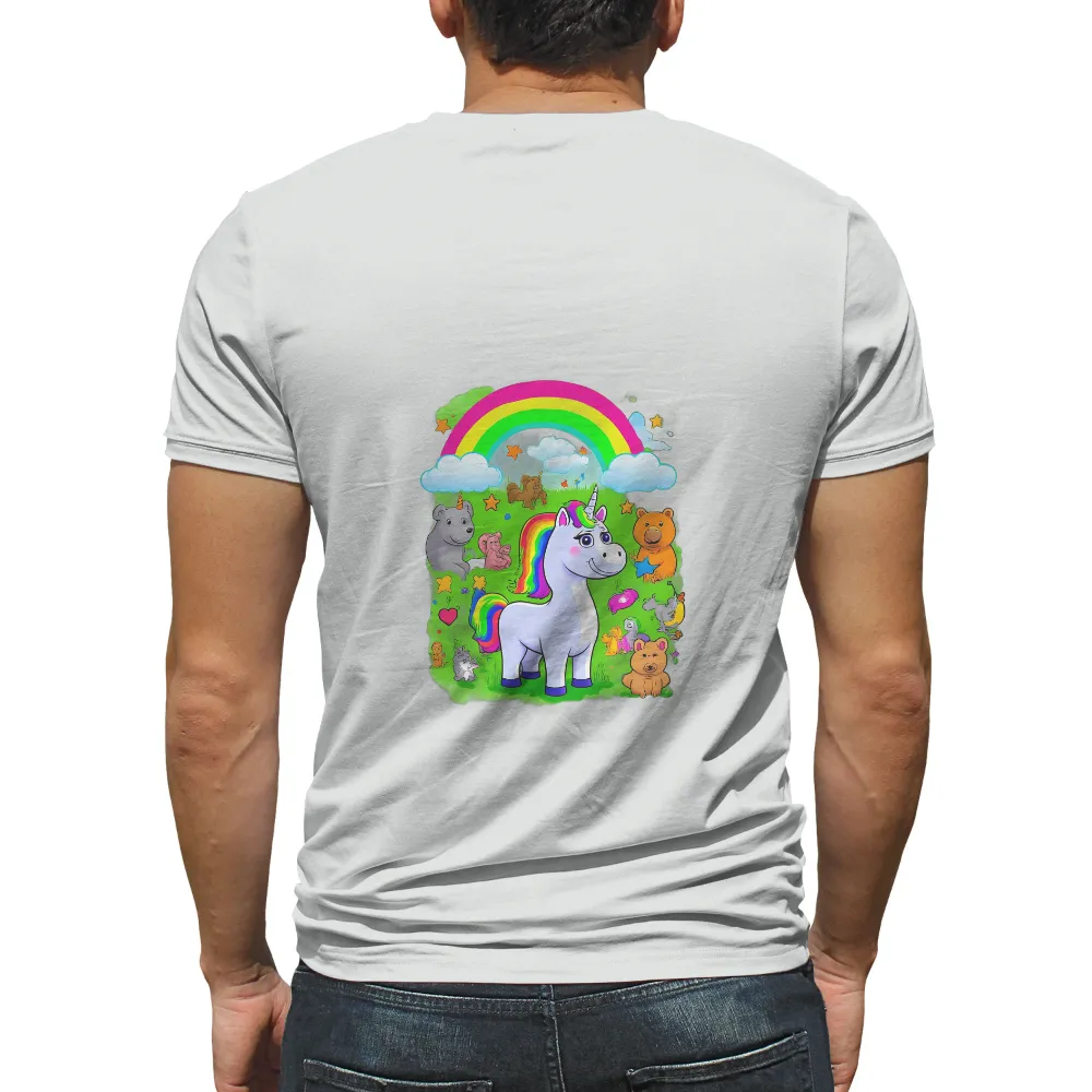 Custom Tee Shirts: Luna the Unicorn - A Celebration of Joy and Wonder| Vibrant rainbow arching over a green field