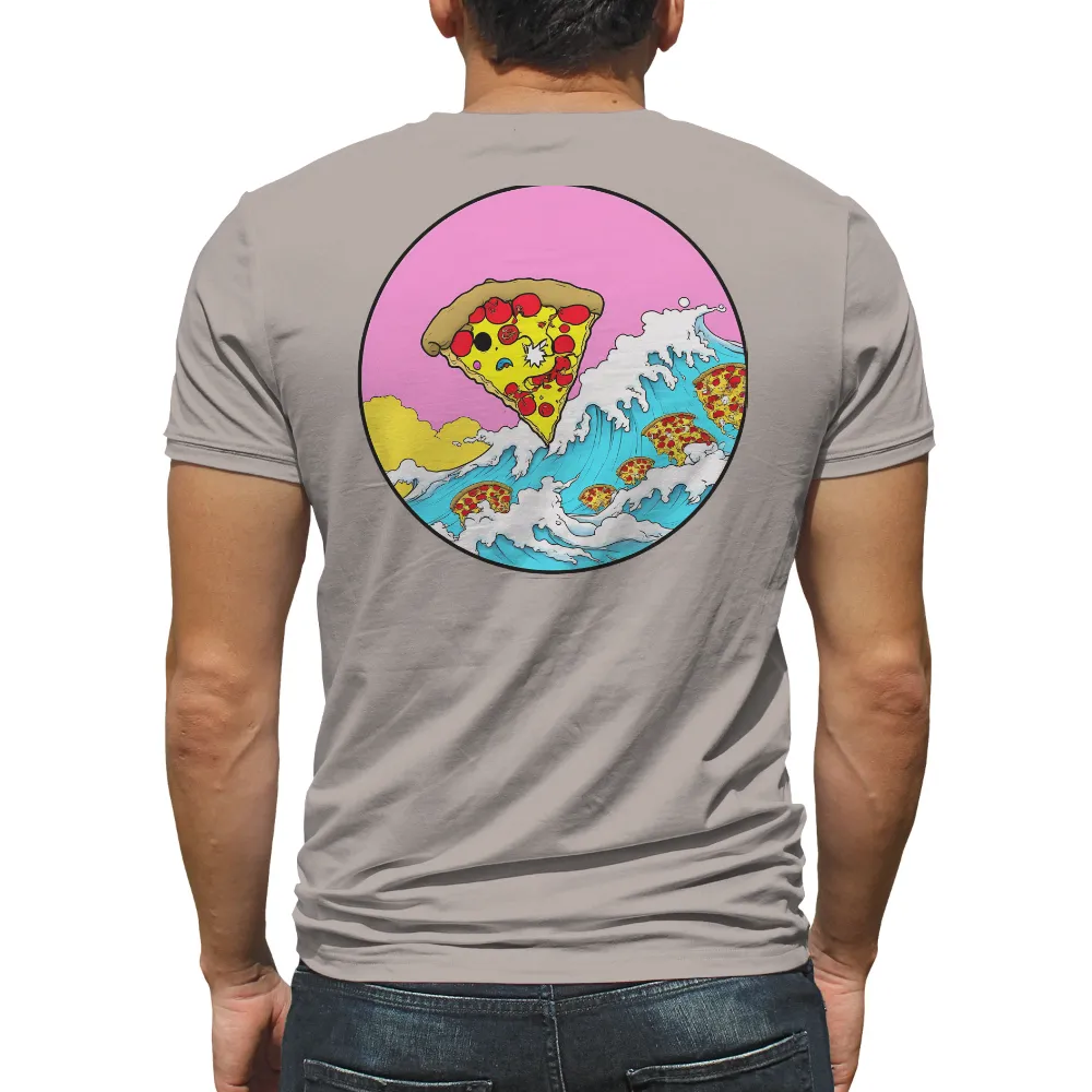 TShirt Printing: Pizza Surfing Adventure - Funny & Quirky Design|surreal hawaii shirt