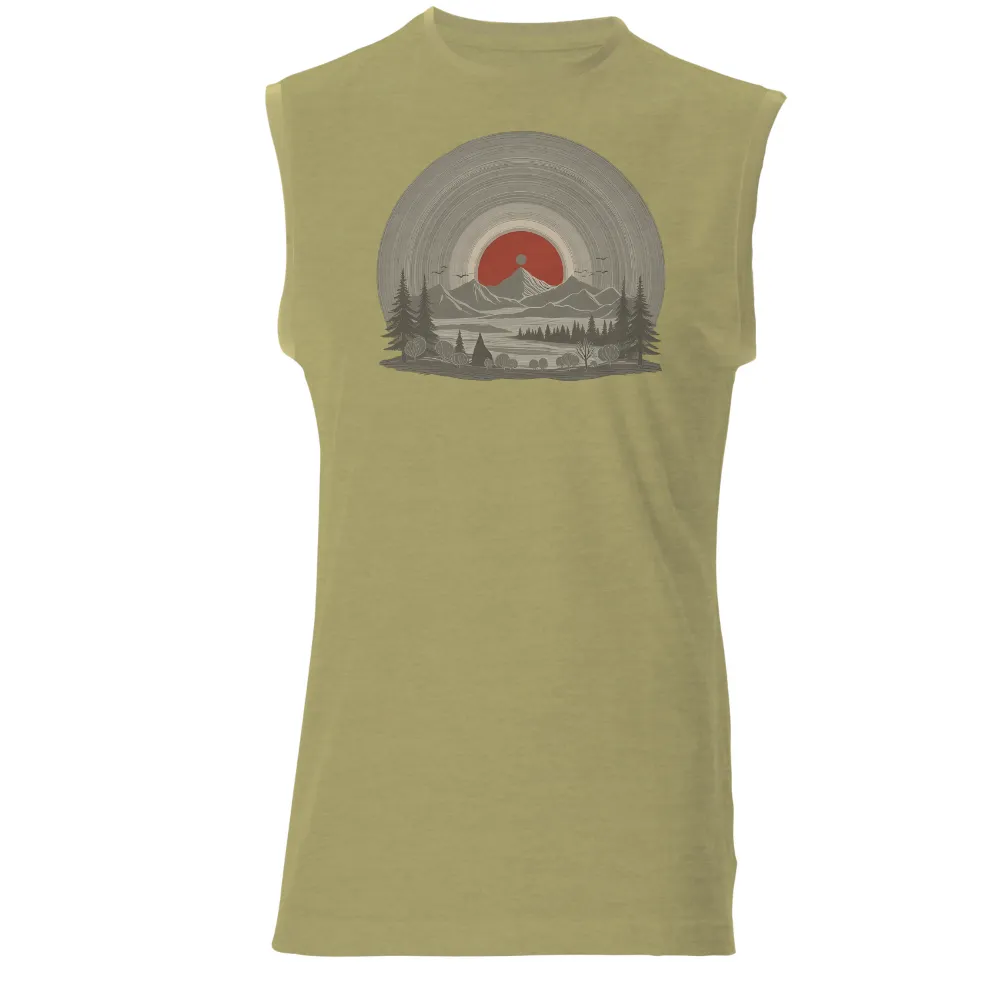 TShirt Design: Serene Landscape with Majestic Mountains and Red Sun|adventure time star wars shirt