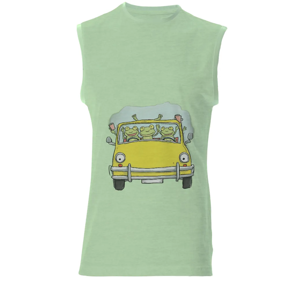 Tee Shirt Printing: Frogs' Adventure in a Yellow Car|fun summer button down shirts