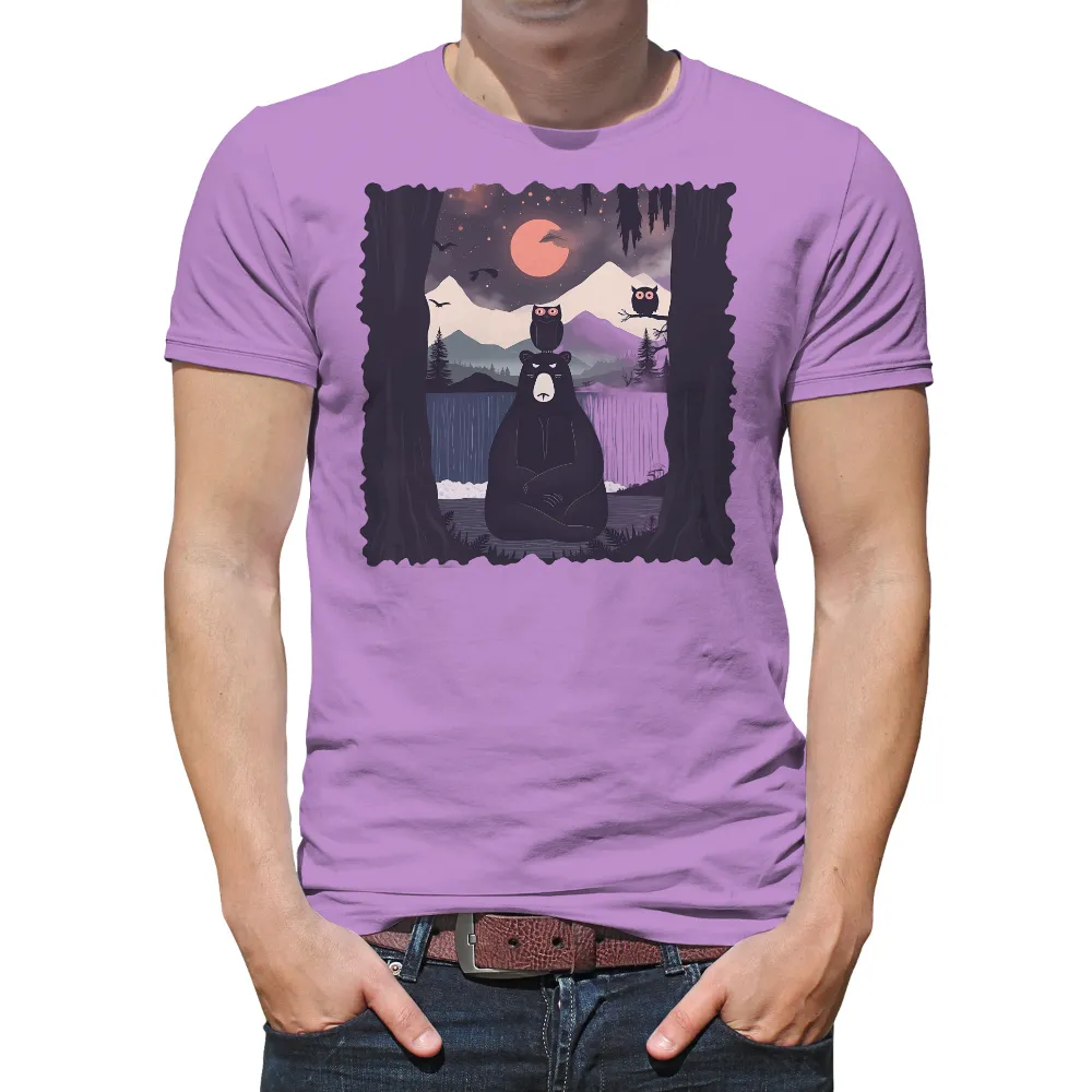 TShirt Printing: Serene Bear and Owls Under the Moon| Waterfall in the background