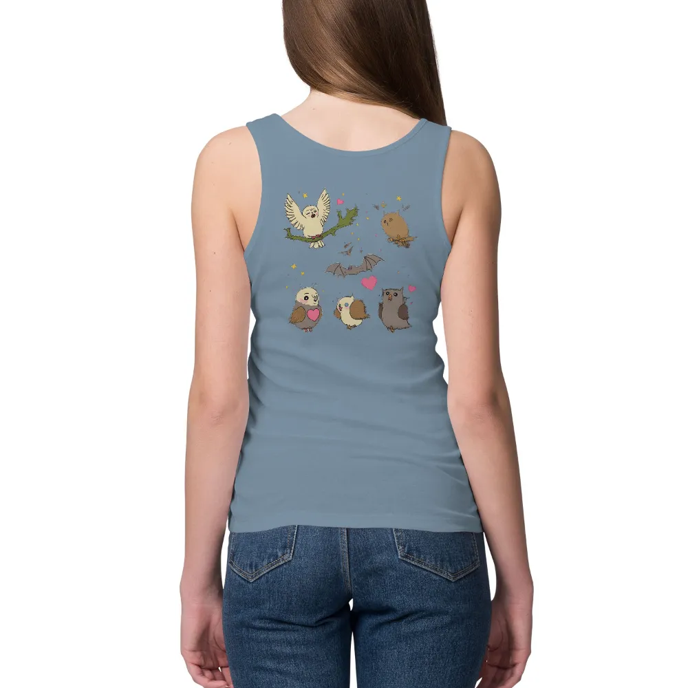 T-Shirts Design: Whimsical Owls and Bats Under the Starry Night| Brown owl sitting quietly