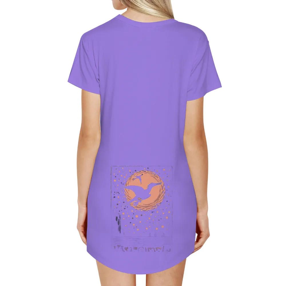 Custom Tee Shirts: Whimsical Bird Soaring Under the Full Moon| Warm colors and nostalgic feel