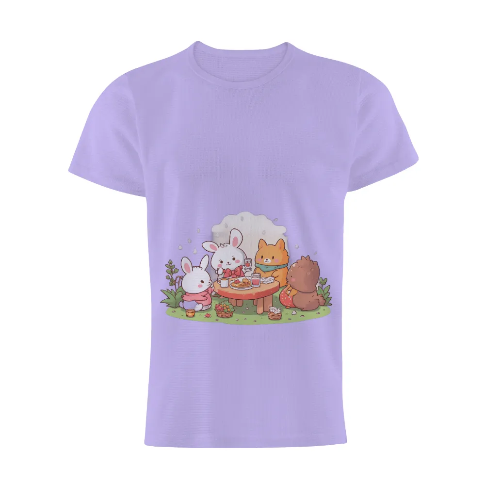 TShirt Printing: Enjoying a Picnic Under the Rain | Friendship & Serenity| Orange cat with a green scarf