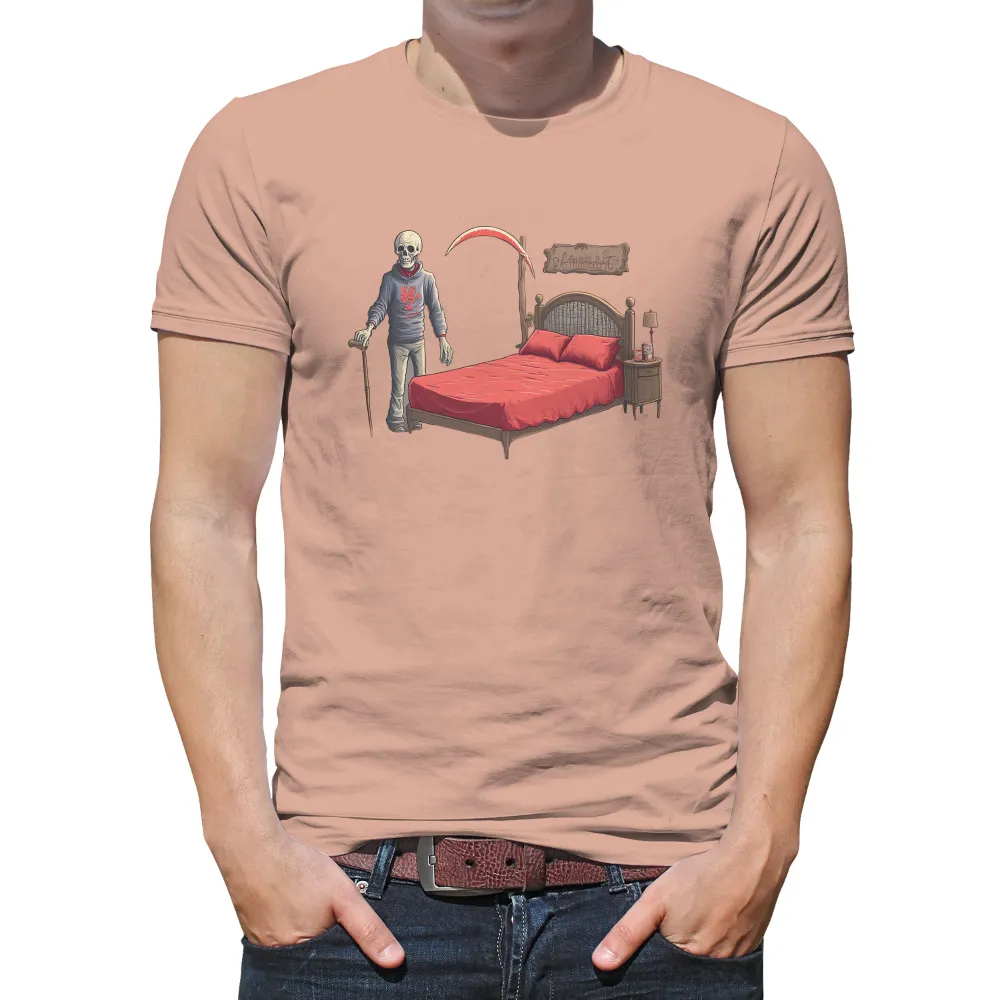 T-Shirts Custom: Eerie Skeleton in Red Bed | Artistic Design| Red bedsheet