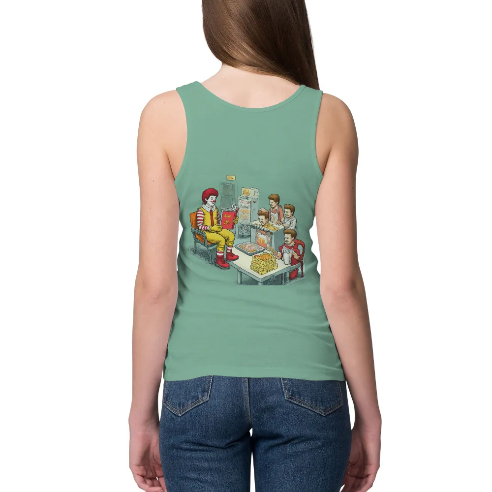 T-Shirts Design: Nostalgic Fast Food Diner with Clown Reading| vintage diner