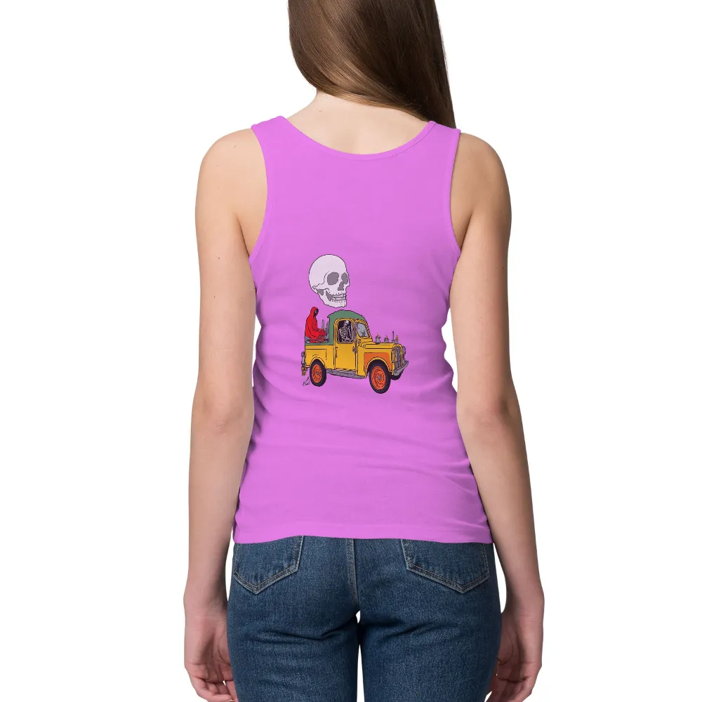 T-Shirts Pattern: Vintage Truck with Skeleton Driver and Red Cloaked Passenger|life is good valentine shirt