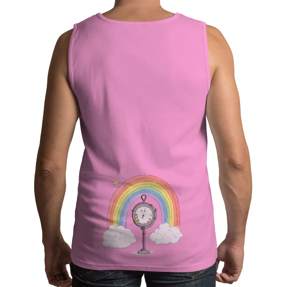 Tee Shirt Printing: Whimsical Clock & Rainbow - Life Theme T-Shirt| Simple background highlighting the clock and rainbow