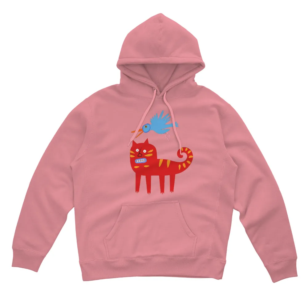 Custom T-Shirt Printing: Whimsical Red Cat and Blue Bird Friendship| Freedom and joy