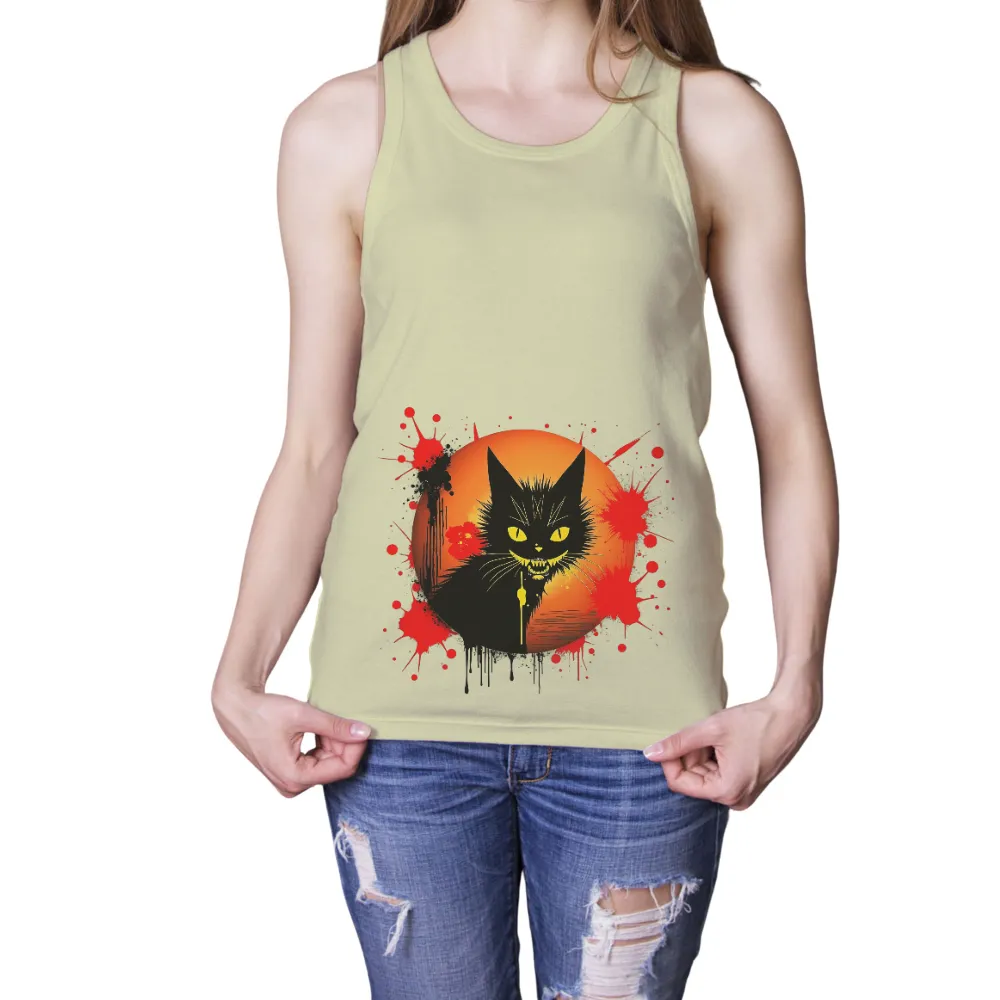 T-Shirts Pattern: Black Cat & Blood-Red Moon - Artistic Design| blood-red moon