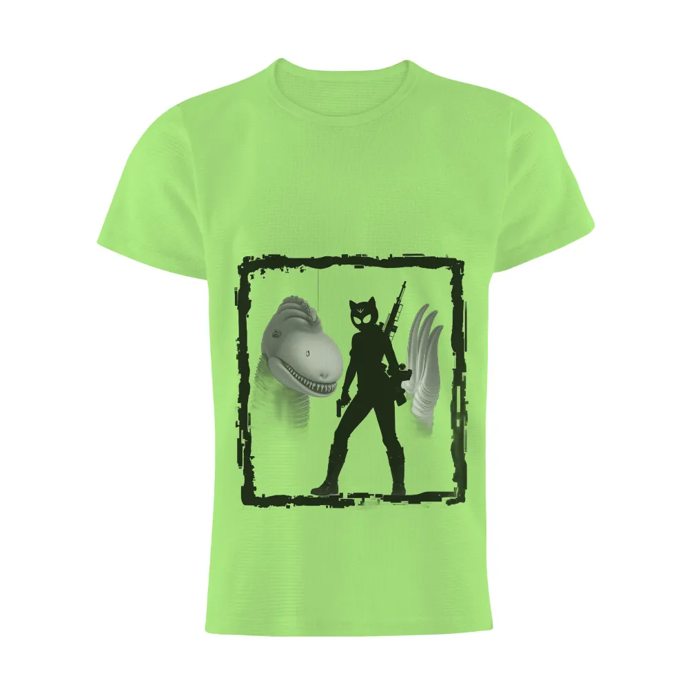 TShirt Design: Cat-Masked Character & Shark - Cyberpunk Thriller| dramatic visual impact