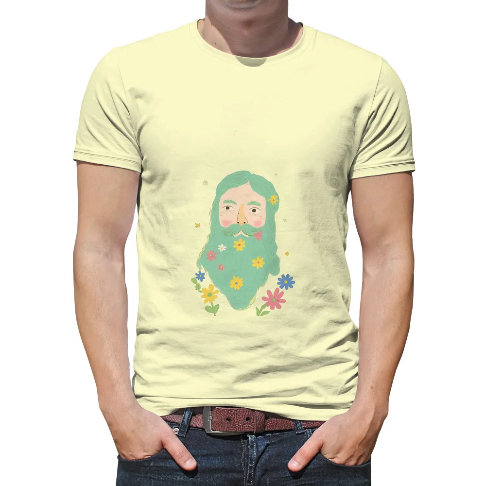 Tee Shirt Printing: Nature's Harmony - Whimsical Green Beard and Blooming Flowers|mens work shirts for summer