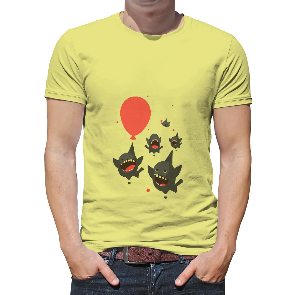 Tee Shirts Printed: Sharks Chasing Balloon in Playful Horror| Smaller sharks surrounding the main shark