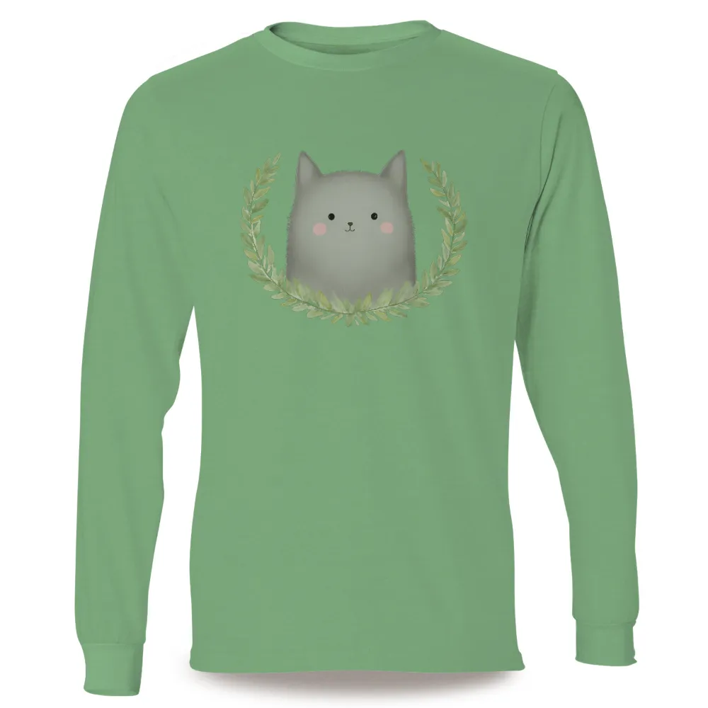 Custom T-Shirt Printing: Fluffy Cat in Nature Wreath | Inspirational Life Theme| green leaves