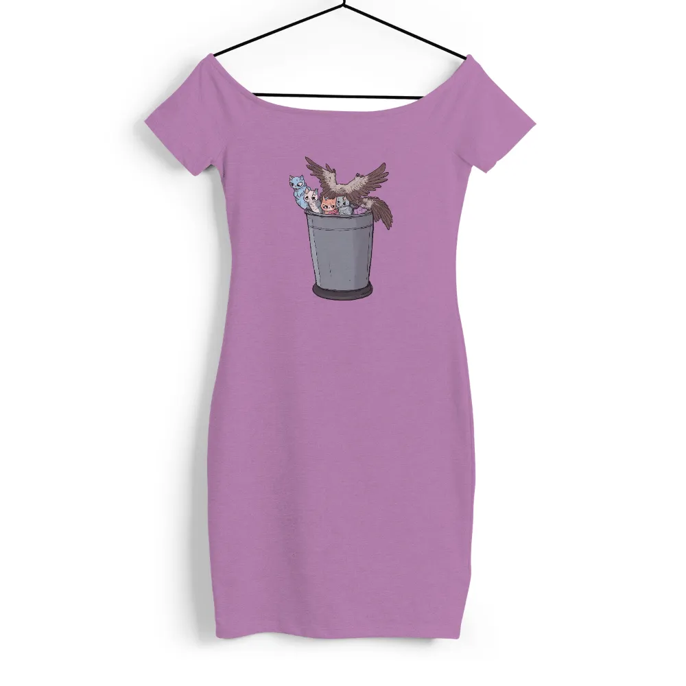 TShirt Printing: Whimsical Friendship | Owl & Kittens in a Trash Can|Owl with kittens in a trash can