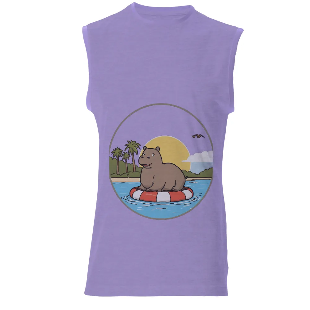 Custom Tee Shirts: Sunny the Capybara Floating in Bliss|a fun thing to do in the morning shirt