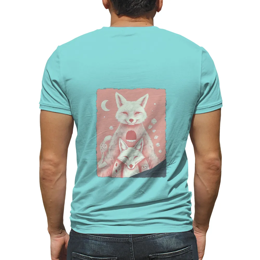 Tee Shirts Printed: Serene Foxes Under the Crescent Moon| Soft pink background