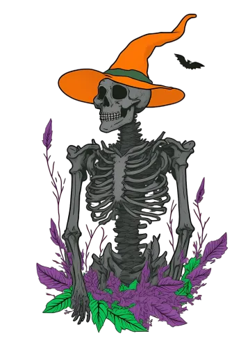 Tee Shirts Printed: Skeleton Witch Hat Halloween Whimsy