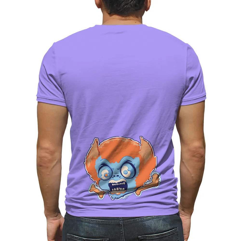 Custom T-Shirt Printing: Quirky Blue Creature with Orange Hair - Mischievous Adventure| Open-mouthed with sharp teeth