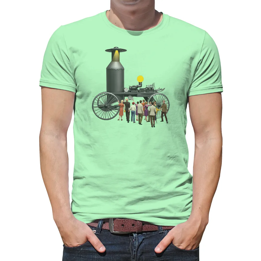 Tee Shirts Printed: Vintage Futuristic Vehicle | Nostalgia & Discovery| bright yellow light