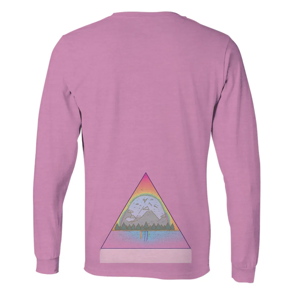 TShirt Design: Nature's Harmony - Landscape, Mountains, Rainbow| Vibrant landscape with rainbow and mountains