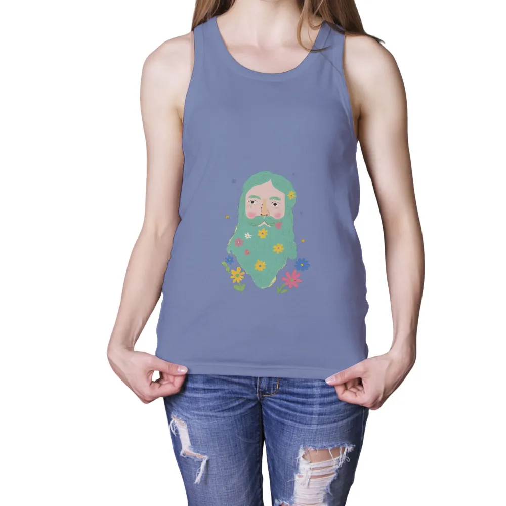 Tee Shirt Printing: Nature's Harmony - Whimsical Green Beard and Blooming Flowers|spring shirts plus size