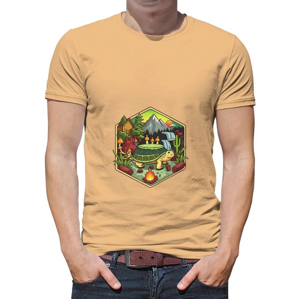 T-Shirts Design: Whimsical Turtle Cabin in the Forest| Friendly gnome tending to campfire