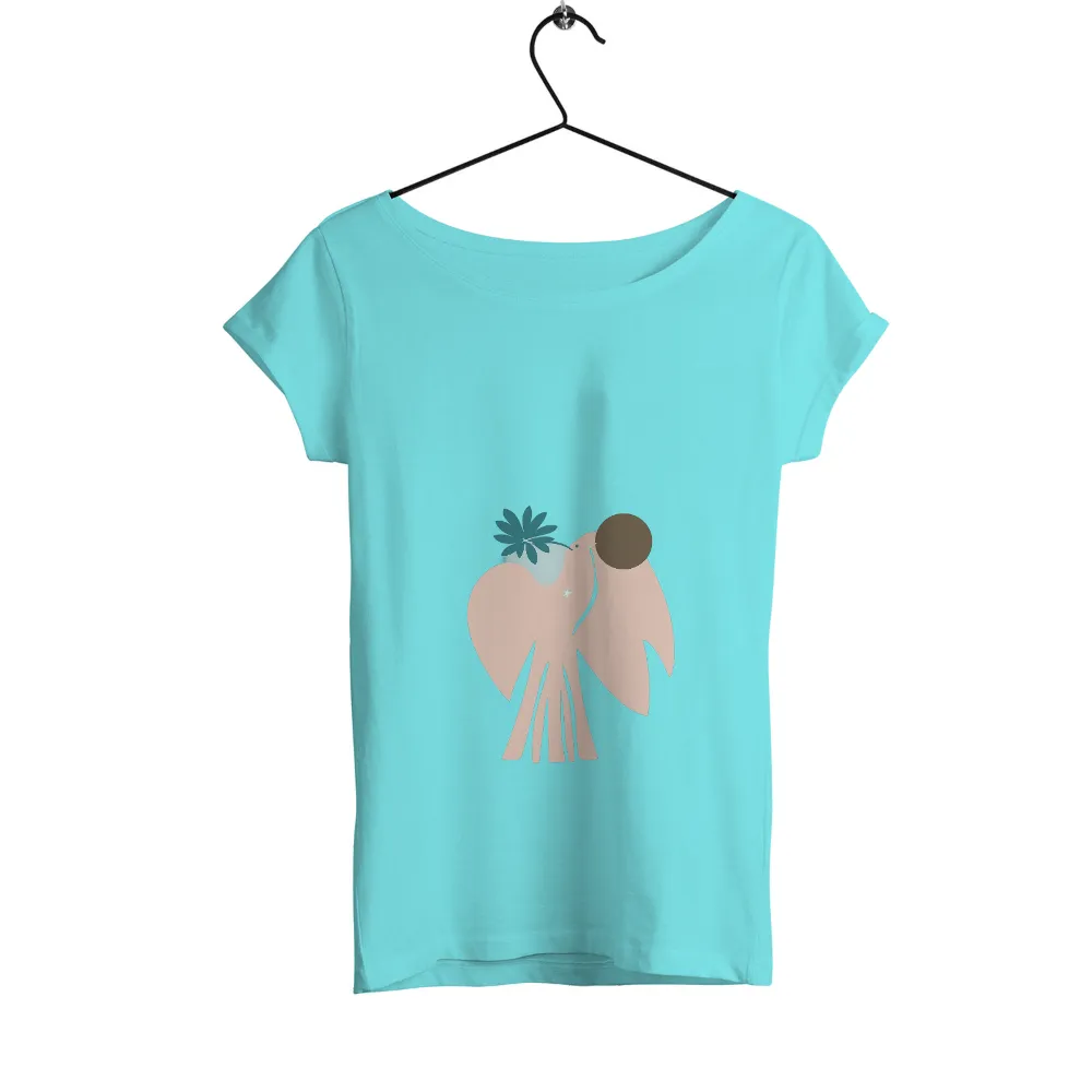 Tee Shirt Printing: Whimsical Bird with Plant and Sun - Artistic Minimalist Design|uv sun shirt women's