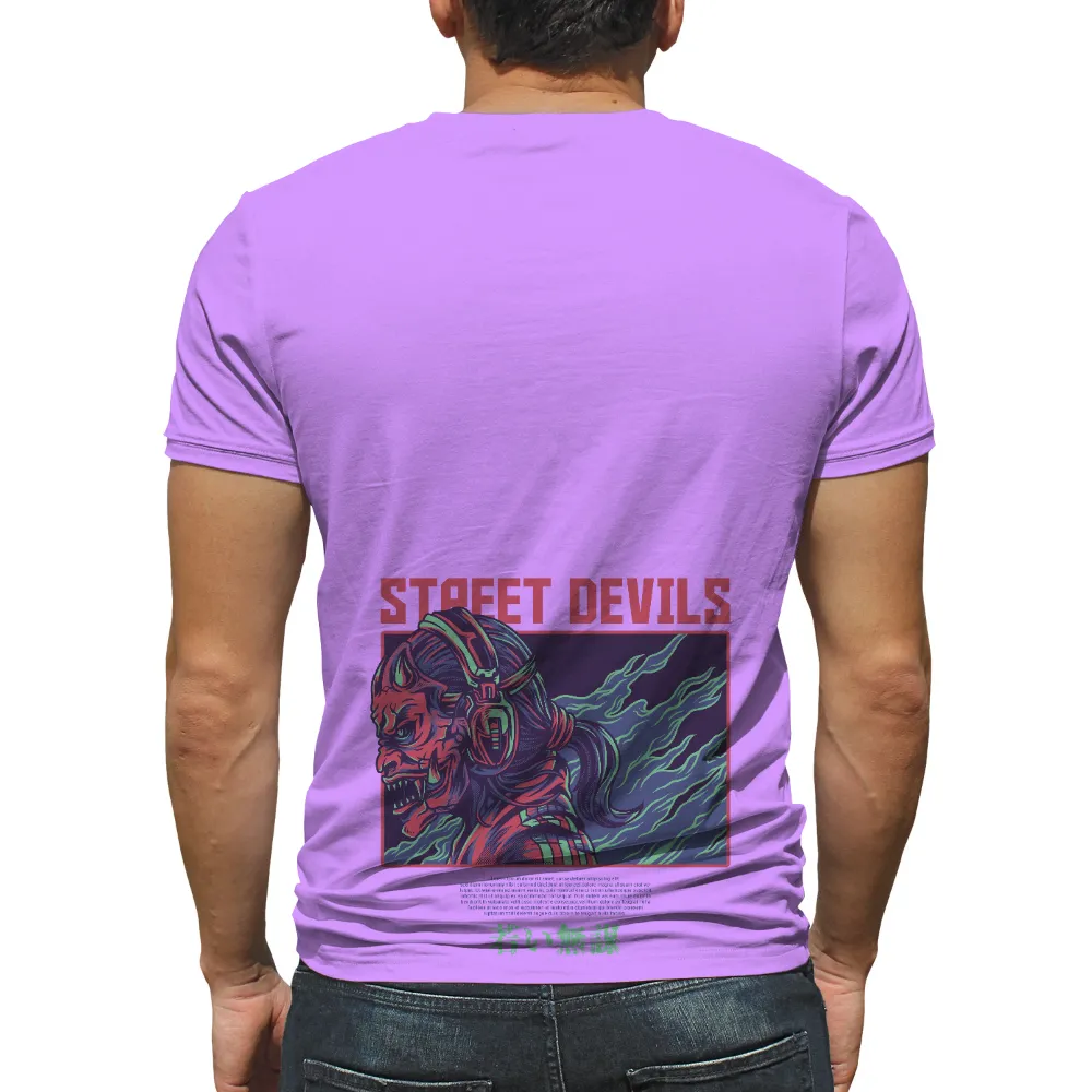 Street Devils: Graphic Tees - Cyberpunk Oni with Headphones|neon shirt cotton on