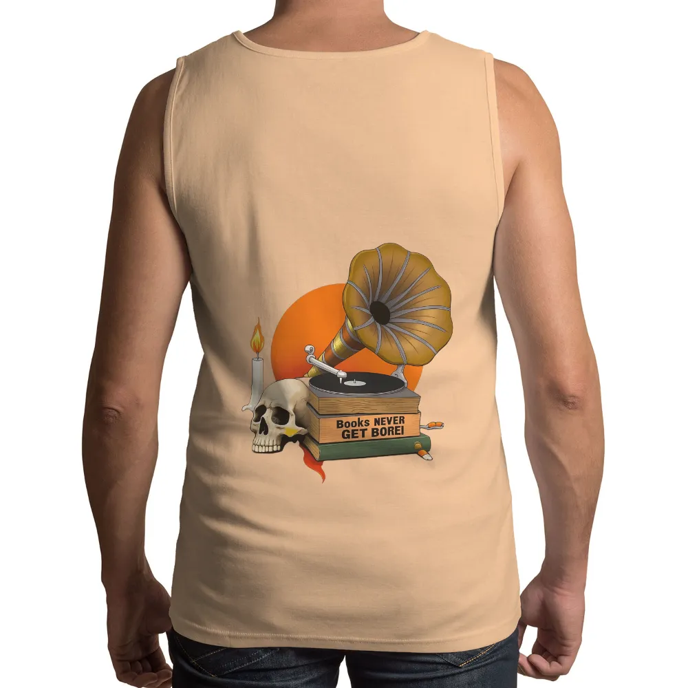 Custom T-Shirt Printing: Vintage Gramophone and Books - Never Get Bored!| Nostalgic atmosphere