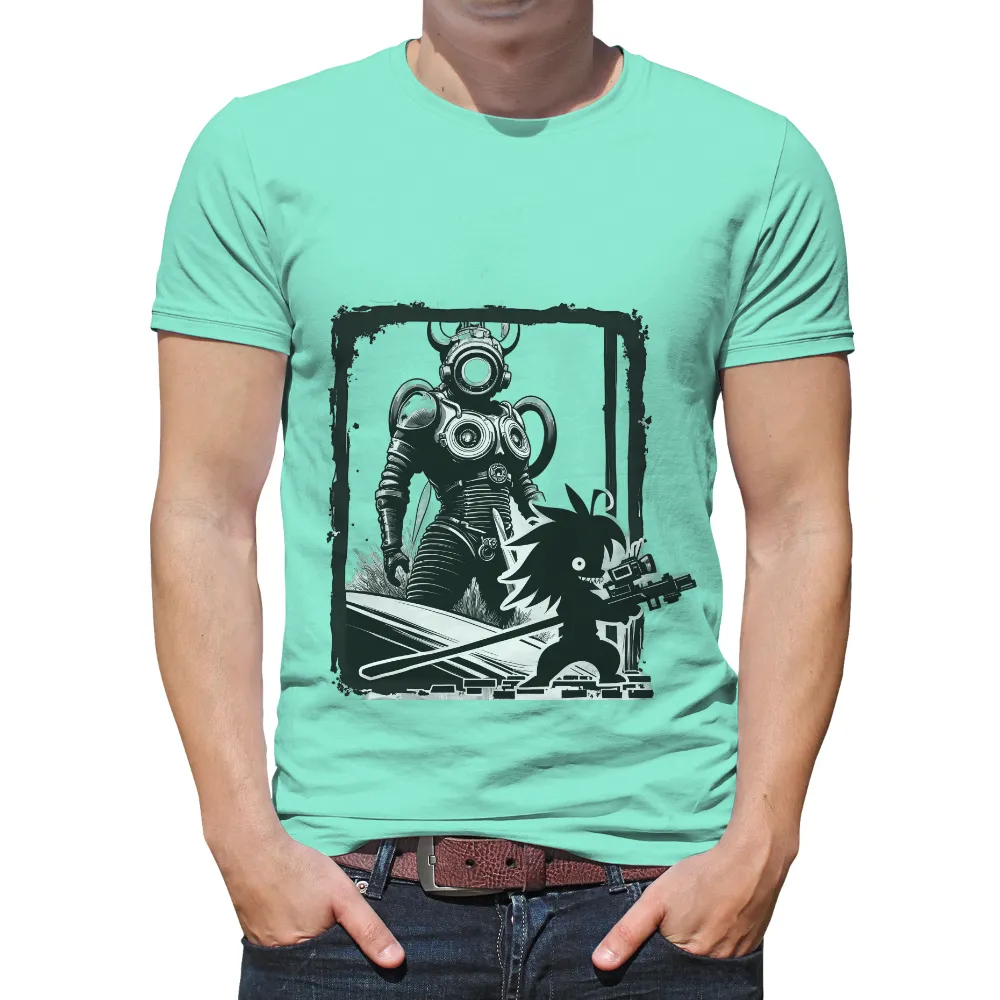 Retro Futuristic T-Shirt Design: Armored Diver and Mischievous Creature| desolate landscape