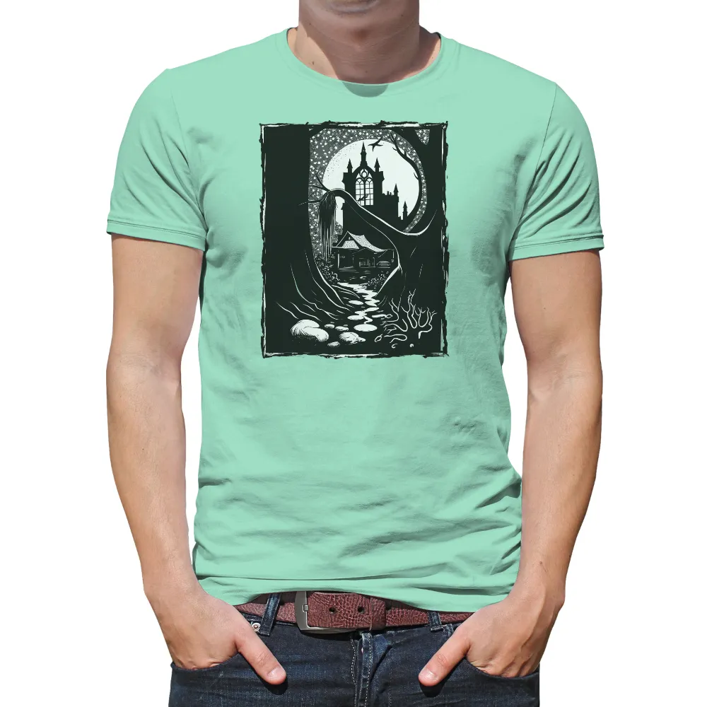 Custom Tee Shirts: Ghostly Beauty in the Moonlit Forest| Castle silhouette