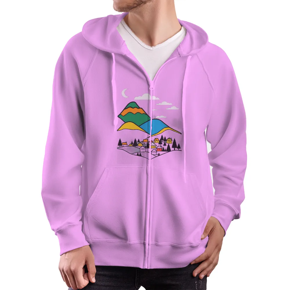 Mountain Village Night Scene T-Shirt Printing | Artistic Designs| Tranquil Night Scene