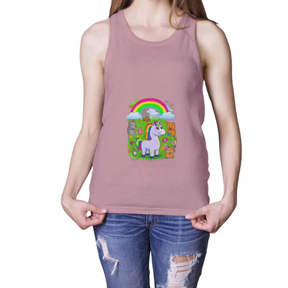 Custom Tee Shirts: Luna the Unicorn - A Celebration of Joy and Wonder| Playful animals surrounding Luna