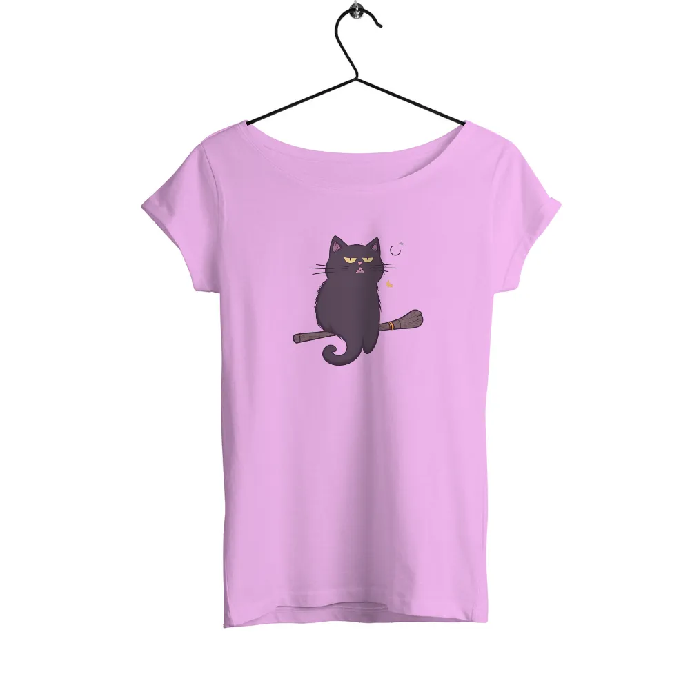 TShirt Design: Luna's Midnight Adventure - Black Cat on Broomstick|stars hollow knit a thon shirt