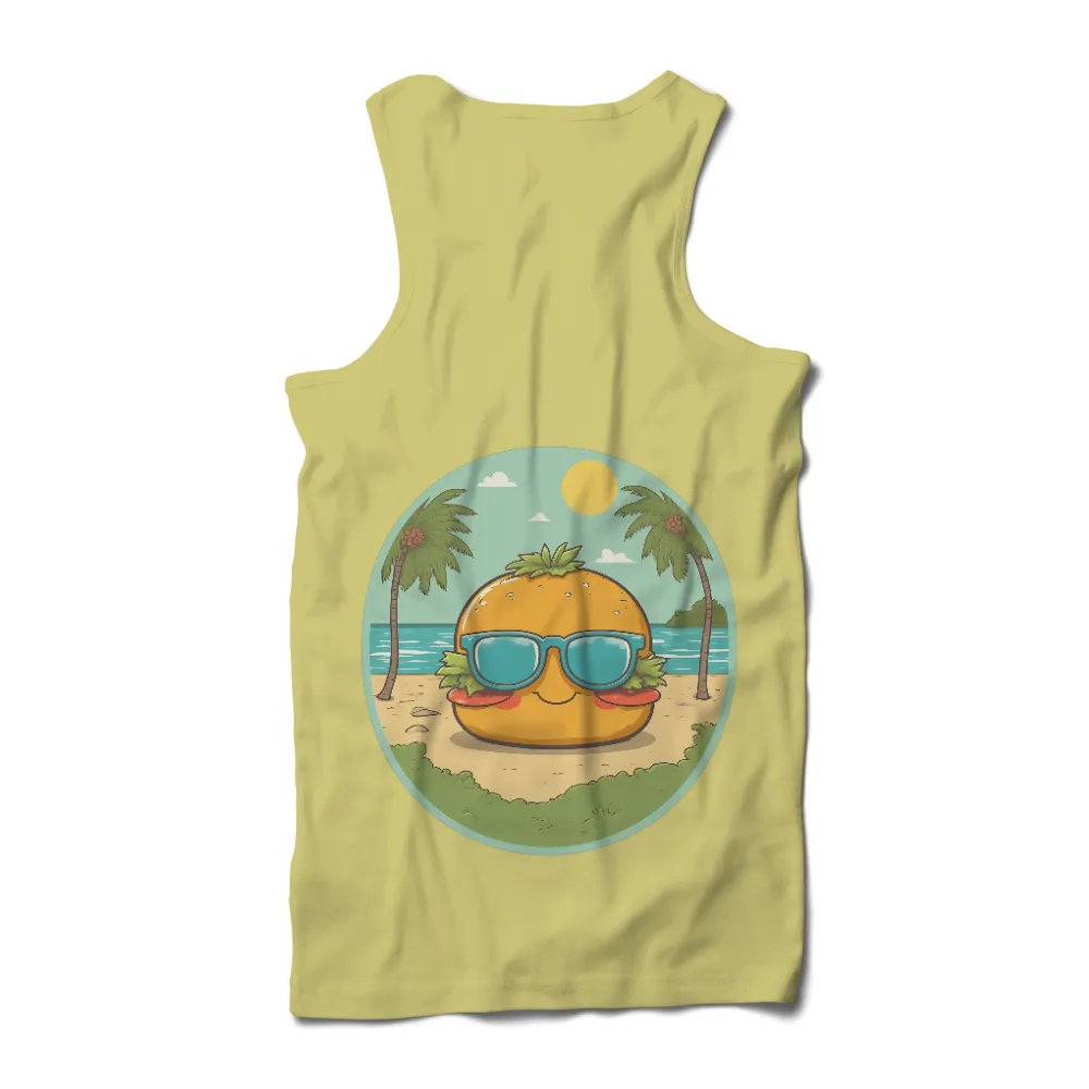 TShirt Design: Sunny Burger with Sunglasses on the Beach|summer bleached shirts