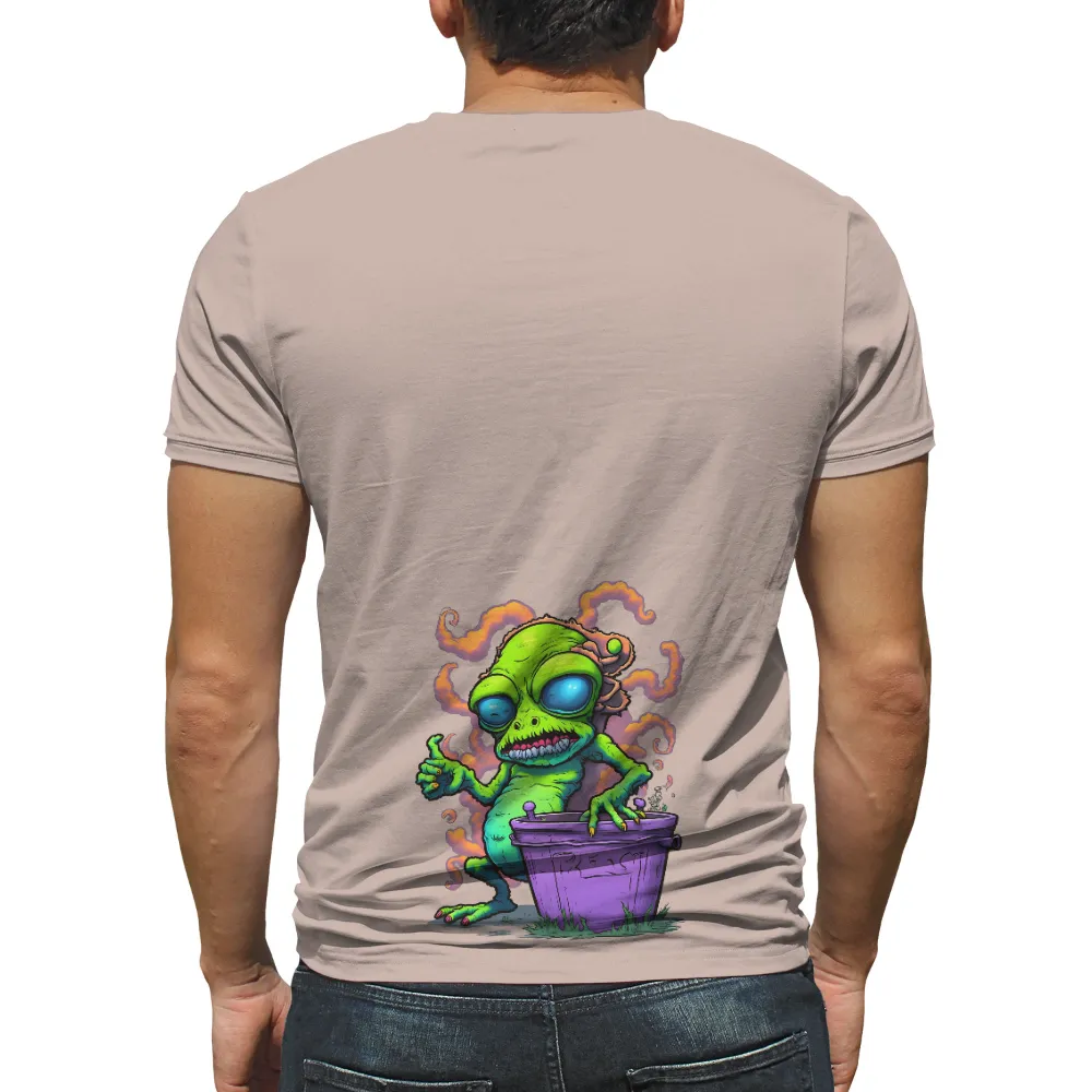 TShirt Printing: Whimsical Horror with Green Creature Zorg| Purple bucket with a creature