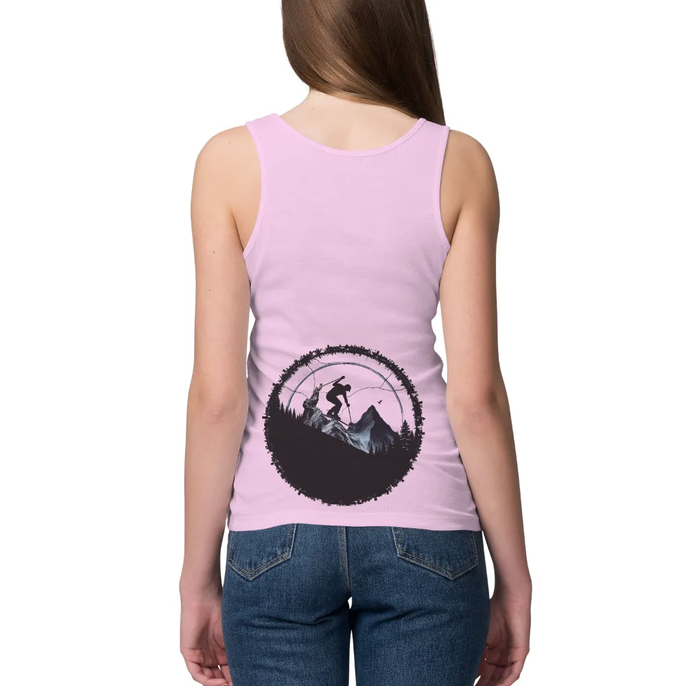 Custom Tee Shirts: Adventure Skier in the Mountains| towering peaks