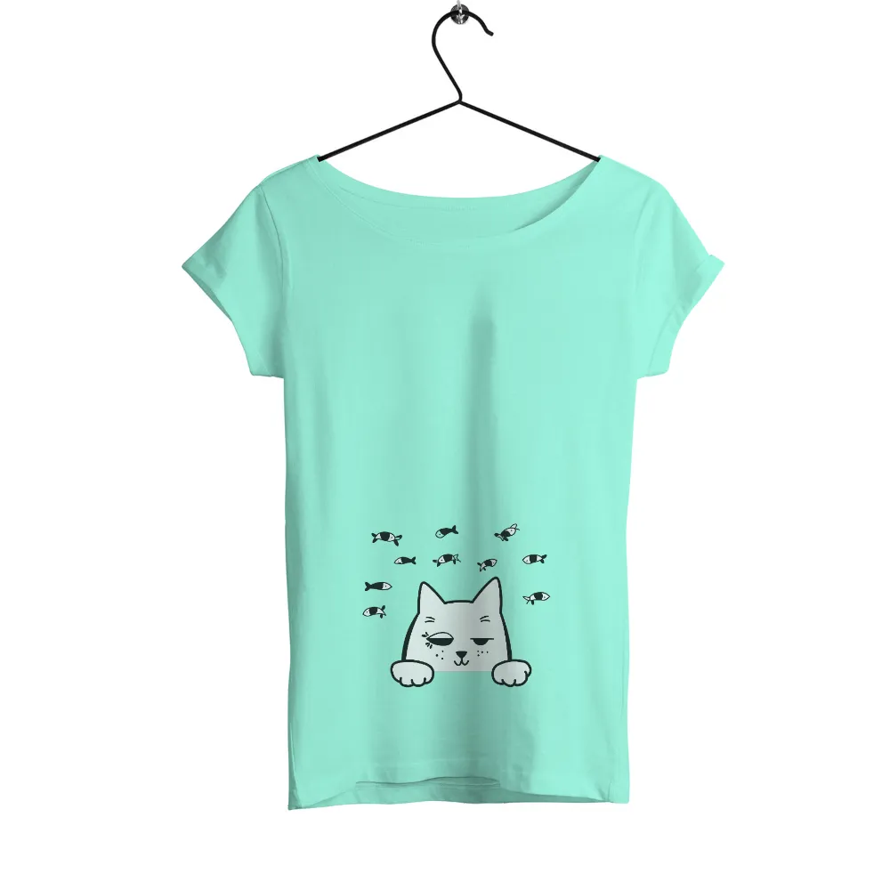 Graphic Tees: Playful White Cat with Fish - Whimsical Design|cat fathers day shirt