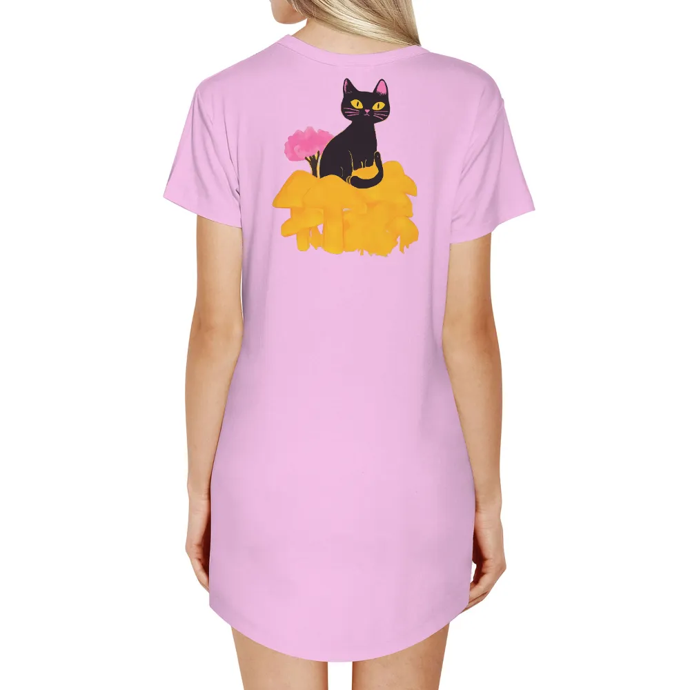 Whimsical Black Cat T-Shirts Design | Fantasy & Nature Inspired| delicate pink flower