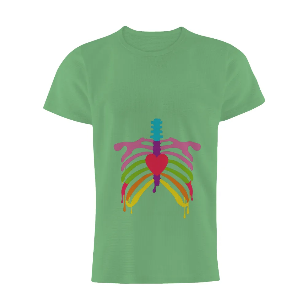 Vibrant Rainbow Heart Ribcage Graphic: Celebrate Diversity and Embrace Individuality|white shirt with rainbow heart