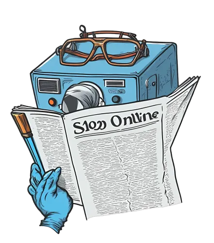 Tee Shirts Printed: Slow Online - Vintage Machine Reading Newspaper