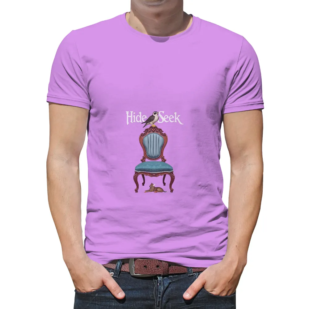 Custom T-Shirt Printing: Hide Seek - Falcon and Deer Artwork| Ornate vintage chair with teal upholstery